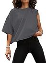 Loose Crop Tops for Women Round Neck Cozy Half Sleeve T-Shirts Roll Hem Basic Workout Loose Yoga Exercise Fitness Outfits Darkgrey M