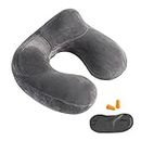 Inflatable Travel Pillow - 100% Soft Velvet Neck Support for Traveling, Airplanes, Trains, Cars, and Offices with Compact Carrying Bag, Breathable and Washable Cover, Ideal for Adult Sleepers (Grey)