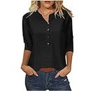 Wirziis 3/4 Length Sleeve Tunic Shirts Dressy Casual Button V Neck Work Office Blouses Oversized Comfy Tees Ladies Basic Tops, A01 Black➥ Women Summer Tops, X-Large