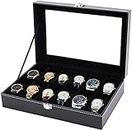 ZENWOOD Unisex 12 Slots Watch Box Organizer PU Leather Watches Display Case Storage Boxes with Crystal Glass Lid - Outside Color - Black/Inside Color- Black Velvet