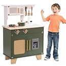 ROBUD Kids Kitchen Playset, Vintage Wooden Play Kitchen with Ice Dispenser, Pretend Toddlers Kitchen Toy with Accessories, Baby Gift for Ages 3 4 5 6 7 8