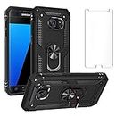 Phone Case for Samsung Galaxy S7 with Tempered Glass Screen Protector Stand Ring Holder Shockproof Silicone Heavy Duty Accessories Magnetic Metal Hard Kickstand galaxys7cases Cover cases Girls Black