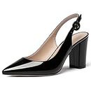 WAYDERNS Women's Black Block 3 Inch Slingback High Heel Patent Leather Pointed Toe Pumps Shoes Size 7.5 - Zapatos de Tacon para Mujer