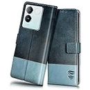 FLIPPED Vegan Leather Flip Case Back Cover for iQOO Z7 Pro | Vivo T2 Pro 5G (Flexible, Shock Proof | Hand Stitched Leather Finish | Card Pockets Wallet & Stand | Blue with Aquamarine)