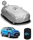GARREGE® Waterproof Car Cover for Toyota Hyryder with Mirror and Antenna Pocket and Soft Cotton Lining (Full Bottom Elastic Triple Stitched & Metallic Silver with Black Piping Style)