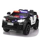 TOBBI Police Car Ride on 12V Electric Car for Kids Battery Powered Ride on Toys Cop Car with Remote Control, Siren, Flashing Lights, Music, Blueooth, Spring Suspension, Carbon Black