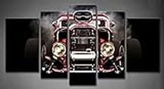 First Wall Art - Car Hot Rod Wall Art Decor Vintage Classic Car with Smoke on Black Background Canvas Pictures Artwork 5 Panel Painting Prints for Home Living Dining Room