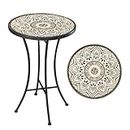 Vipush Mosaic Outdoor Side Table, 14" Round Folding End Table, Patio Accent Table Indoor Plant Stand for Living Room,Geramic Table Top Black Iron Melard