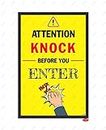 LEPPO Attention Knock Before You Enter Safety Warning Sign Self Adhesive Laminated Poster Use for Homes, Offices & Many More Places - (1 Pc Qty)